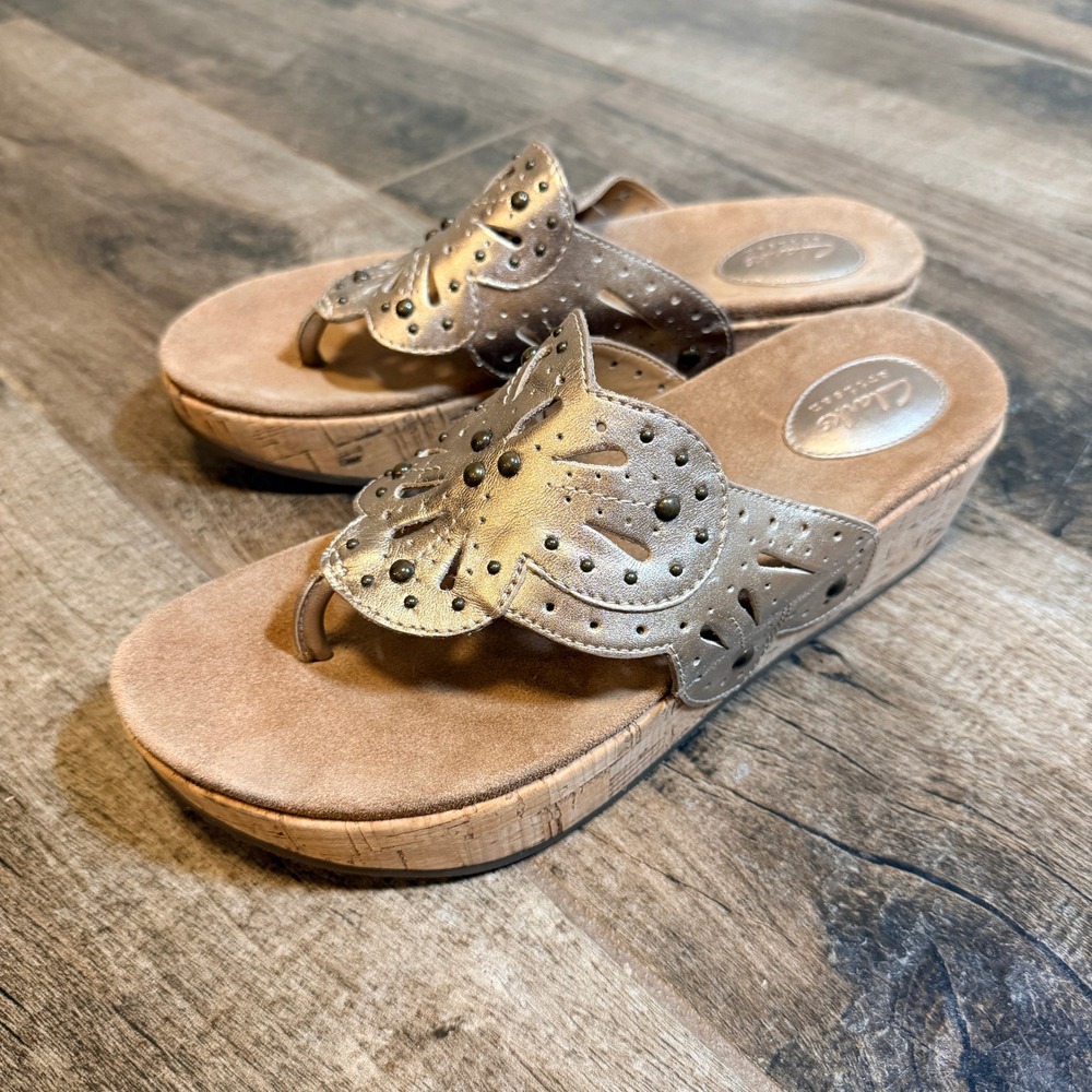 Clarks Artisan Palima Palm Leather Perforated 2" Cork Wedge Sandals,Gold , 10M